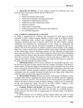 FM 3-21.11
b. Improving the Defense. As time permits, consider the following areas and
prioritize them in accordance with the factors of METT-TC:
• Rest plan.
• Barrier and obstacle improvement.
• Improvement of primary and alternate positions.
• Preparation of supplementary positions.
• Additional movement enhancement efforts.
• Initiation of patrols.
• Improvement of camouflage.
• Continued rehearsals for counterattack and withdrawal.
• ICV and MGS integration.
6-16. COMPANY DEFENSE OF A VILLAGE
A village is characterized by a built-up area surrounded by other types of terrain.
Normally, an SBCT infantry company defends a village as part of an SBCT battalion
defense, establishing battle positions and strongpoints with other SBCT infantry
companies defending from key or decisive terrain. Once the SBCT infantry company
commander has completed his reconnaissance of the village, he reconnoiters the
surrounding terrain and, with the information assembled, he develops his plan for the
defense. One of his first decisions is whether to defend with his infantry on the leading
edge of the village or farther back within the confines of the village. Normally, defending
on the leading edge, where the defending company can take advantage of longer-range
observation and fields of fire, is more effective against an armor-heavy force. Defending
in depth within the village to deny the enemy a foothold is more effective against a heavy
force that is primarily infantry. This decision is based on the factors of METT-TC. The
company may need to coordinate with adjacent units to plan for the defense or control of
the open terrain that typically surrounds a village.
a. Influencing Factors. Several factors influence the commander's decision. First,
he must know the type of enemy against which his company will defend. If the threat is
mainly infantry, the greatest danger is allowing them to gain a foothold in the town. If the
threat is armored or motorized infantry, the greatest danger is that massive direct fire will
destroy the SBCT infantry company's defensive positions. The SBCT infantry company
commander must also consider the terrain forward and to the flanks of the village from
which the enemy can direct fires against his positions.
b. Platoon Battle Positions. Platoons are given a small group of buildings in which
to prepare their defense, permitting the platoon leader to establish mutually supporting
squad-size positions with ICVs. This increases the area that the platoon can control and
hampers the enemy's ability to isolate or bypass a platoon. A platoon may be responsible
for the road through the village. The rest of the SBCT infantry company is then
positioned to provide all-round security and defense in depth.
c. Company Mortars and Javelins. The position of the SBCT infantry company
mortars must protect the mortars from direct fire and allow for overhead clearance.
Javelin positions must allow them to engage targets at maximum ranges with alternate
firing points.
d. ICVs. Position ICVs in defilade positions behind rubble and walls or inside
buildings for movement into and out of the area. ICVs can also conduct resupply,
6-43
 