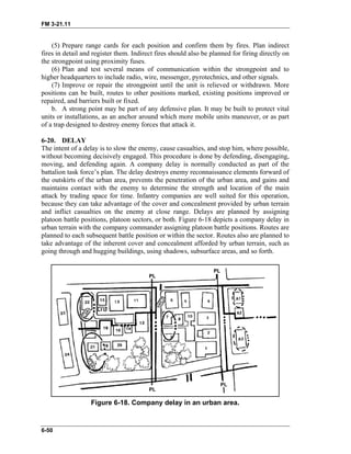 FM 3-21.11
(5) Prepare range cards for each position and confirm them by fires. Plan indirect
fires in detail and register them. Indirect fires should also be planned for firing directly on
the strongpoint using proximity fuses.
(6) Plan and test several means of communication within the strongpoint and to
higher headquarters to include radio, wire, messenger, pyrotechnics, and other signals.
(7) Improve or repair the strongpoint until the unit is relieved or withdrawn. More
positions can be built, routes to other positions marked, existing positions improved or
repaired, and barriers built or fixed.
b. A strong point may be part of any defensive plan. It may be built to protect vital
units or installations, as an anchor around which more mobile units maneuver, or as part
of a trap designed to destroy enemy forces that attack it.
6-20. DELAY
The intent of a delay is to slow the enemy, cause casualties, and stop him, where possible,
without becoming decisively engaged. This procedure is done by defending, disengaging,
moving, and defending again. A company delay is normally conducted as part of the
battalion task force’s plan. The delay destroys enemy reconnaissance elements forward of
the outskirts of the urban area, prevents the penetration of the urban area, and gains and
maintains contact with the enemy to determine the strength and location of the main
attack by trading space for time. Infantry companies are well suited for this operation,
because they can take advantage of the cover and concealment provided by urban terrain
and inflict casualties on the enemy at close range. Delays are planned by assigning
platoon battle positions, platoon sectors, or both. Figure 6-18 depicts a company delay in
urban terrain with the company commander assigning platoon battle positions. Routes are
planned to each subsequent battle position or within the sector. Routes also are planned to
take advantage of the inherent cover and concealment afforded by urban terrain, such as
going through and hugging buildings, using shadows, subsurface areas, and so forth.
Figure 6-18. Company delay in an urban area.
6-50
 