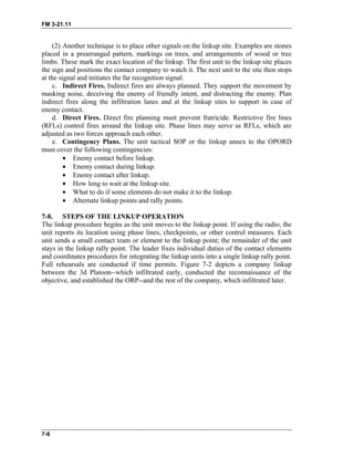 FM 3-21.11
(2) Another technique is to place other signals on the linkup site. Examples are stones
placed in a prearranged pattern, markings on trees, and arrangements of wood or tree
limbs. These mark the exact location of the linkup. The first unit to the linkup site places
the sign and positions the contact company to watch it. The next unit to the site then stops
at the signal and initiates the far recognition signal.
c. Indirect Fires. Indirect fires are always planned. They support the movement by
masking noise, deceiving the enemy of friendly intent, and distracting the enemy. Plan
indirect fires along the infiltration lanes and at the linkup sites to support in case of
enemy contact.
d. Direct Fires. Direct fire planning must prevent fratricide. Restrictive fire lines
(RFLs) control fires around the linkup site. Phase lines may serve as RFLs, which are
adjusted as two forces approach each other.
e. Contingency Plans. The unit tactical SOP or the linkup annex to the OPORD
must cover the following contingencies:
• Enemy contact before linkup.
• Enemy contact during linkup.
• Enemy contact after linkup.
• How long to wait at the linkup site.
• What to do if some elements do not make it to the linkup.
• Alternate linkup points and rally points.
7-8. STEPS OF THE LINKUP OPERATION
The linkup procedure begins as the unit moves to the linkup point. If using the radio, the
unit reports its location using phase lines, checkpoints, or other control measures. Each
unit sends a small contact team or element to the linkup point; the remainder of the unit
stays in the linkup rally point. The leader fixes individual duties of the contact elements
and coordinates procedures for integrating the linkup units into a single linkup rally point.
Full rehearsals are conducted if time permits. Figure 7-2 depicts a company linkup
between the 3d Platoon--which infiltrated early, conducted the reconnaissance of the
objective, and established the ORP--and the rest of the company, which infiltrated later.
7-6
 