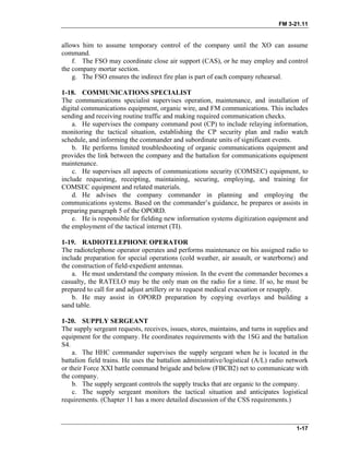 FM 3-21.11
allows him to assume temporary control of the company until the XO can assume
command.
f. The FSO may coordinate close air support (CAS), or he may employ and control
the company mortar section.
g. The FSO ensures the indirect fire plan is part of each company rehearsal.
1-18. COMMUNICATIONS SPECIALIST
The communications specialist supervises operation, maintenance, and installation of
digital communications equipment, organic wire, and FM communications. This includes
sending and receiving routine traffic and making required communication checks.
a. He supervises the company command post (CP) to include relaying information,
monitoring the tactical situation, establishing the CP security plan and radio watch
schedule, and informing the commander and subordinate units of significant events.
b. He performs limited troubleshooting of organic communications equipment and
provides the link between the company and the battalion for communications equipment
maintenance.
c. He supervises all aspects of communications security (COMSEC) equipment, to
include requesting, receipting, maintaining, securing, employing, and training for
COMSEC equipment and related materials.
d. He advises the company commander in planning and employing the
communications systems. Based on the commander’s guidance, he prepares or assists in
preparing paragraph 5 of the OPORD.
e. He is responsible for fielding new information systems digitization equipment and
the employment of the tactical internet (TI).
1-19. RADIOTELEPHONE OPERATOR
The radiotelephone operator operates and performs maintenance on his assigned radio to
include preparation for special operations (cold weather, air assault, or waterborne) and
the construction of field-expedient antennas.
a. He must understand the company mission. In the event the commander becomes a
casualty, the RATELO may be the only man on the radio for a time. If so, he must be
prepared to call for and adjust artillery or to request medical evacuation or resupply.
b. He may assist in OPORD preparation by copying overlays and building a
sand table.
1-20. SUPPLY SERGEANT
The supply sergeant requests, receives, issues, stores, maintains, and turns in supplies and
equipment for the company. He coordinates requirements with the 1SG and the battalion
S4.
a. The HHC commander supervises the supply sergeant when he is located in the
battalion field trains. He uses the battalion administrative/logistical (A/L) radio network
or their Force XXI battle command brigade and below (FBCB2) net to communicate with
the company.
b. The supply sergeant controls the supply trucks that are organic to the company.
c. The supply sergeant monitors the tactical situation and anticipates logistical
requirements. (Chapter 11 has a more detailed discussion of the CSS requirements.)
1-17
 