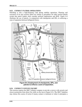 FM 3-21.11
8-23. CONDUCT PATROL OPERATIONS
Patrolling is also a high-frequency task during stability operations. Planning and
execution of an area security patrol are similar to procedures for other tactical patrols
except that patrol leaders must consider political implications and ROE. Figure 8-4
illustrates the use of patrols, in conjunction with checkpoints and OPs, in enforcing a
zone of separation between belligerent forces.
Figure 8-4. Employment of checkpoints, OPs, and
patrols to enforce a zone of separation.
8-24. CONDUCT CONVOY ESCORT
This mission requires the SBCT infantry company to provide a convoy with security and
close-in protection from direct fire while on the move (Figure 8-5). The SBCT battalion
may choose this course of action if enemy contact is imminent or when it anticipates a
8-16
 