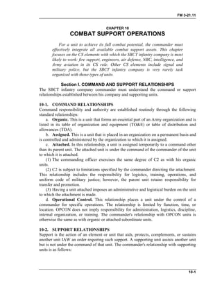 FM 3-21.11
CHAPTER 10
COMBAT SUPPORT OPERATIONS
For a unit to achieve its full combat potential, the commander must
effectively integrate all available combat support assets. This chapter
focuses on the CS elements with which the SBCT infantry company is most
likely to work: fire support, engineers, air defense, NBC, intelligence, and
Army aviation in its CS role. Other CS elements include signal and
military police, but the SBCT infantry company is very rarely task
organized with those types of units.
Section I. COMMAND AND SUPPORT RELATIONSHIPS
The SBCT infantry company commander must understand the command or support
relationships established between his company and supporting units.
10-1. COMMAND RELATIONSHIPS
Command responsibility and authority are established routinely through the following
standard relationships:
a. Organic. This is a unit that forms an essential part of an Army organization and is
listed in its table of organization and equipment (TO&E) or table of distribution and
allowances (TDA).
b. Assigned. This is a unit that is placed in an organization on a permanent basis and
is controlled and administered by the organization to which it is assigned.
c. Attached. In this relationship, a unit is assigned temporarily to a command other
than its parent unit. The attached unit is under the command of the commander of the unit
to which it is attached.
(1) The commanding officer exercises the same degree of C2 as with his organic
units.
(2) C2 is subject to limitations specified by the commander directing the attachment.
This relationship includes the responsibility for logistics, training, operations, and
uniform code of military justice; however, the parent unit retains responsibility for
transfer and promotion.
(3) Having a unit attached imposes an administrative and logistical burden on the unit
to which the attachment is made.
d. Operational Control. This relationship places a unit under the control of a
commander for specific operations. The relationship is limited by function, time, or
location. OPCON does not imply responsibility for administration, logistics, discipline,
internal organization, or training. The commander's relationship with OPCON units is
otherwise the same as with organic or attached subordinate units.
10-2. SUPPORT RELATIONSHIPS
Support is the action of an element or unit that aids, protects, complements, or sustains
another unit IAW an order requiring such support. A supporting unit assists another unit
but is not under the command of that unit. The commander's relationship with supporting
units is as follows:
10-1
 