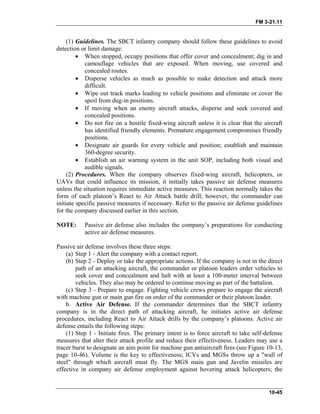 FM 3-21.11
(1) Guidelines. The SBCT infantry company should follow these guidelines to avoid
detection or limit damage:
• When stopped, occupy positions that offer cover and concealment; dig in and
camouflage vehicles that are exposed. When moving, use covered and
concealed routes.
• Disperse vehicles as much as possible to make detection and attack more
difficult.
• Wipe out track marks leading to vehicle positions and eliminate or cover the
spoil from dug-in positions.
• If moving when an enemy aircraft attacks, disperse and seek covered and
concealed positions.
• Do not fire on a hostile fixed-wing aircraft unless it is clear that the aircraft
has identified friendly elements. Premature engagement compromises friendly
positions.
• Designate air guards for every vehicle and position; establish and maintain
360-degree security.
• Establish an air warning system in the unit SOP, including both visual and
audible signals.
(2) Procedures. When the company observes fixed-wing aircraft, helicopters, or
UAVs that could influence its mission, it initially takes passive air defense measures
unless the situation requires immediate active measures. This reaction normally takes the
form of each platoon’s React to Air Attack battle drill; however, the commander can
initiate specific passive measures if necessary. Refer to the passive air defense guidelines
for the company discussed earlier in this section.
NOTE: Passive air defense also includes the company’s preparations for conducting
active air defense measures.
Passive air defense involves these three steps:
(a) Step 1 - Alert the company with a contact report.
(b) Step 2 - Deploy or take the appropriate actions. If the company is not in the direct
path of an attacking aircraft, the commander or platoon leaders order vehicles to
seek cover and concealment and halt with at least a 100-meter interval between
vehicles. They also may be ordered to continue moving as part of the battalion.
(c) Step 3 - Prepare to engage. Fighting vehicle crews prepare to engage the aircraft
with machine gun or main gun fire on order of the commander or their platoon leader.
b. Active Air Defense. If the commander determines that the SBCT infantry
company is in the direct path of attacking aircraft, he initiates active air defense
procedures, including React to Air Attack drills by the company’s platoons. Active air
defense entails the following steps:
(1) Step 1 - Initiate fires. The primary intent is to force aircraft to take self-defense
measures that alter their attack profile and reduce their effectiveness. Leaders may use a
tracer burst to designate an aim point for machine gun antiaircraft fires (see Figure 10-13,
page 10-46). Volume is the key to effectiveness; ICVs and MGSs throw up a "wall of
steel" through which aircraft must fly. The MGS main gun and Javelin missiles are
effective in company air defense employment against hovering attack helicopters; the
10-45
 