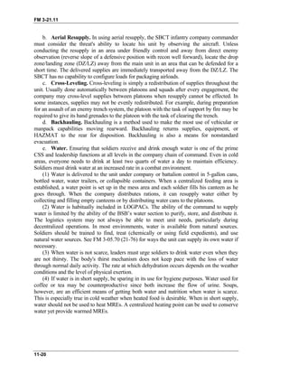FM 3-21.11
b. Aerial Resupply. In using aerial resupply, the SBCT infantry company commander
must consider the threat's ability to locate his unit by observing the aircraft. Unless
conducting the resupply in an area under friendly control and away from direct enemy
observation (reverse slope of a defensive position with recon well forward), locate the drop
zone/landing zone (DZ/LZ) away from the main unit in an area that can be defended for a
short time. The delivered supplies are immediately transported away from the DZ/LZ. The
SBCT has no capability to configure loads for packaging airloads.
c. Cross-Leveling. Cross-leveling is simply a redistribution of supplies throughout the
unit. Usually done automatically between platoons and squads after every engagement, the
company may cross-level supplies between platoons when resupply cannot be effected. In
some instances, supplies may not be evenly redistributed. For example, during preparation
for an assault of an enemy trench system, the platoon with the task of support by fire may be
required to give its hand grenades to the platoon with the task of clearing the trench.
d. Backhauling. Backhauling is a method used to make the most use of vehicular or
manpack capabilities moving rearward. Backhauling returns supplies, equipment, or
HAZMAT to the rear for disposition. Backhauling is also a means for nonstandard
evacuation.
e. Water. Ensuring that soldiers receive and drink enough water is one of the prime
CSS and leadership functions at all levels in the company chain of command. Even in cold
areas, everyone needs to drink at least two quarts of water a day to maintain efficiency.
Soldiers must drink water at an increased rate in a combat environment.
(1) Water is delivered to the unit under company or battalion control in 5-gallon cans,
bottled water, water trailers, or collapsible containers. When a centralized feeding area is
established, a water point is set up in the mess area and each soldier fills his canteen as he
goes through. When the company distributes rations, it can resupply water either by
collecting and filling empty canteens or by distributing water cans to the platoons.
(2) Water is habitually included in LOGPACs. The ability of the command to supply
water is limited by the ability of the BSB’s water section to purify, store, and distribute it.
The logistics system may not always be able to meet unit needs, particularly during
decentralized operations. In most environments, water is available from natural sources.
Soldiers should be trained to find, treat (chemically or using field expedients), and use
natural water sources. See FM 3-05.70 (21-76) for ways the unit can supply its own water if
necessary.
(3) When water is not scarce, leaders must urge soldiers to drink water even when they
are not thirsty. The body's thirst mechanism does not keep pace with the loss of water
through normal daily activity. The rate at which dehydration occurs depends on the weather
conditions and the level of physical exertion.
(4) If water is in short supply, be sparing in its use for hygiene purposes. Water used for
coffee or tea may be counterproductive since both increase the flow of urine. Soups,
however, are an efficient means of getting both water and nutrition when water is scarce.
This is especially true in cold weather when heated food is desirable. When in short supply,
water should not be used to heat MREs. A centralized heating point can be used to conserve
water yet provide warmed MREs.
11-20
 