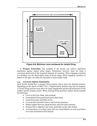FM 3-21.11
Figure A-8. Minimum room enclosure for Javelin firing.
d. Weapon Penetration. The warhead of the Javelin can achieve significant
penetration against typical urban targets. Penetration, however, does not mean a
concurrent destruction of the structural integrity of a position. When engaging a position
in a building, use the direct-attack mode to hit the target. When engaging a position or
bunker in the open, use either the top-attack or direct-attack mode.
A-6. JAVELIN FIRING POSITIONS
Each Javelin should have a primary firing position and at least one alternate position.
Depending on the factors of METT-TC, a supplementary position may also be assigned.
A Javelin firing position must allow for target engagement and provide protection for the
soldiers and the weapon system. When selecting firing positions, leaders should consider
the following:
•
•
•
•
•
•
•
Cover to the front, flank, and overhead.
Concealment from ground and aerial observation.
Good observation and fields of fire.
Covered and concealed routes to and between positions.
Mutual support between squad positions and with other elements.
Position below ridgelines and crests, preferably on the sides of hills.
Avoid positions in swampy areas and very steep hillsides, as well as positions
on or near prominent terrain features.
A-9
 