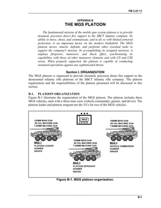 FM 3-21.11
APPENDIX B
THE MGS PLATOON
The fundamental mission of the mobile gun system platoon is to provide
mounted, precision direct fire support to the SBCT infantry company. Its
ability to move, shoot, and communicate, and to do so with limited armored
protection, is an important factor on the modern battlefield. The MGS
platoon moves, attacks, defends, and performs other essential tasks to
support the company's mission. In accomplishing its assigned missions, it
employs firepower, maneuver, and shock effect, synchronizing its
capabilities with those of other maneuver elements and with CS and CSS
assets. When properly supported, the platoon is capable of conducting
sustained operations against any sophisticated threat.
Section I. ORGANIZATION
The MGS platoon is organized to provide mounted, precision direct fire support to the
dismounted infantry rifle platoons of the SBCT infantry rifle company. The platoon
organization and the responsibilities of the platoon personnel will be discussed in this
section.
B-1. PLATOON ORGANIZATION
Figure B-1 illustrates the organization of the MGS platoon. The platoon includes three
MGS vehicles, each with a three-man crew (vehicle commander, gunner, and driver). The
platoon leader and platoon sergeant are the VCs for two of the MGS vehicles.
Figure B-1. MGS platoon organization.
B-1
 