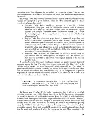 FM 3-21.11
constraints the OPORD places on the unit’s ability to execute its mission. There are two
types of constraints: proscriptive (requirements for action) and prohibitive (requirements
for inaction).
(e) Identify Tasks. The company commander must identify and understand the tasks
required to accomplish a given mission. There are three different types of tasks:
specified, implied, and essential.
• Specified Tasks. Tasks specifically assigned to a unit by a higher
headquarters. Paragraphs 2 and 3 of a higher headquarters’ order or plan state
specified tasks. Specified tasks may also be found in annexes and digital
overlays (for example, "seize OBJ FOX," "reconnoiter route BLUE," "assist
the forward passage of B company," "send two soldiers to assist in the loading
of ammunition").
• Implied Tasks. Tasks that must be performed to accomplish a specified task
but are not stated in a higher headquarters’ order. Implied tasks are derived
from a detailed analysis of the higher headquarters’ order, the enemy situation
and courses of action, and the terrain. Analysis of the unit’s current location in
relation to future areas of operation as well as the doctrinal requirements for
each specified task might provide implied tasks. Only those tasks that require
allocation of resources should be retained.
• Essential Tasks. These tasks are important for the success of the unit. They are
derived from a review of the specified and implied tasks. An essential task
that must be executed to accomplish the assigned purpose is the mission
essential task.
(f) Restated Mission Statement. The leader prepares his restated mission statement
expressed around the five W’s: who, what, when, where, and why. The “who” is the
company and or platoon; the “what” is the unit’s mission essential task. The “when” is
given in the higher headquarters’ OPORD; the “where” is the objective or location taken
from the higher headquarters’ OPORD; and the “why” is the company and or platoon
purpose taken from the higher headquarters’ concept of the operation. An example of a
company restated mission statement follows:
EXAMPLE: B Company attacks to seize OBJ FOX (NB123456) not later
than (NLT) 010200 October __ in order to prevent enemy forces from
counterattacking into the battalion’s main effort.
(2) Terrain and Weather. If the higher headquarters has developed a modified
combined obstacle overlay (MCOO) and shared it via the TI, the company commander
can quickly accomplish his analysis of the terrain. From the MCOO he will already have
an appreciation for the general nature of the ground and the effects of weather. However,
he must conduct his own detailed analysis to determine how terrain and weather will
uniquely affect his unit’s mission and the enemy. He must go beyond merely passing
along the MCOO to his subordinate leaders and making a general observation of the
terrain (for example, this is high ground). He must arrive at significant conclusions about
how the terrain and weather will affect the enemy and the unit. Most importantly, the
2-9
 