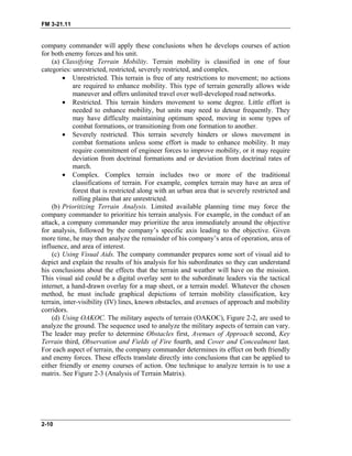 FM 3-21.11
company commander will apply these conclusions when he develops courses of action
for both enemy forces and his unit.
(a) Classifying Terrain Mobility. Terrain mobility is classified in one of four
categories: unrestricted, restricted, severely restricted, and complex.
• Unrestricted. This terrain is free of any restrictions to movement; no actions
are required to enhance mobility. This type of terrain generally allows wide
maneuver and offers unlimited travel over well-developed road networks.
• Restricted. This terrain hinders movement to some degree. Little effort is
needed to enhance mobility, but units may need to detour frequently. They
may have difficulty maintaining optimum speed, moving in some types of
combat formations, or transitioning from one formation to another.
• Severely restricted. This terrain severely hinders or slows movement in
combat formations unless some effort is made to enhance mobility. It may
require commitment of engineer forces to improve mobility, or it may require
deviation from doctrinal formations and or deviation from doctrinal rates of
march.
• Complex. Complex terrain includes two or more of the traditional
classifications of terrain. For example, complex terrain may have an area of
forest that is restricted along with an urban area that is severely restricted and
rolling plains that are unrestricted.
(b) Prioritizing Terrain Analysis. Limited available planning time may force the
company commander to prioritize his terrain analysis. For example, in the conduct of an
attack, a company commander may prioritize the area immediately around the objective
for analysis, followed by the company’s specific axis leading to the objective. Given
more time, he may then analyze the remainder of his company’s area of operation, area of
influence, and area of interest.
(c) Using Visual Aids. The company commander prepares some sort of visual aid to
depict and explain the results of his analysis for his subordinates so they can understand
his conclusions about the effects that the terrain and weather will have on the mission.
This visual aid could be a digital overlay sent to the subordinate leaders via the tactical
internet, a hand-drawn overlay for a map sheet, or a terrain model. Whatever the chosen
method, he must include graphical depictions of terrain mobility classification, key
terrain, inter-visibility (IV) lines, known obstacles, and avenues of approach and mobility
corridors.
(d) Using OAKOC. The military aspects of terrain (OAKOC), Figure 2-2, are used to
analyze the ground. The sequence used to analyze the military aspects of terrain can vary.
The leader may prefer to determine Obstacles first, Avenues of Approach second, Key
Terrain third, Observation and Fields of Fire fourth, and Cover and Concealment last.
For each aspect of terrain, the company commander determines its effect on both friendly
and enemy forces. These effects translate directly into conclusions that can be applied to
either friendly or enemy courses of action. One technique to analyze terrain is to use a
matrix. See Figure 2-3 (Analysis of Terrain Matrix).
2-10
 