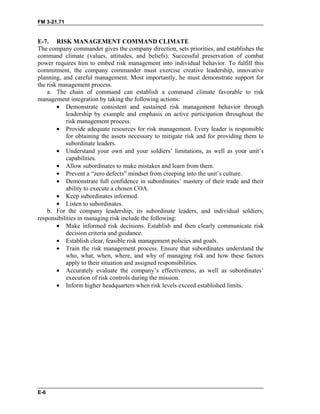 FM 3-21.71
E-6
E-7. RISK MANAGEMENT COMMAND CLIMATE
The company commander gives the company direction, sets priorities, and establishes the
command climate (values, attitudes, and beliefs). Successful preservation of combat
power requires him to embed risk management into individual behavior. To fulfill this
commitment, the company commander must exercise creative leadership, innovative
planning, and careful management. Most importantly, he must demonstrate support for
the risk management process.
a. The chain of command can establish a command climate favorable to risk
management integration by taking the following actions:
• Demonstrate consistent and sustained risk management behavior through
leadership by example and emphasis on active participation throughout the
risk management process.
• Provide adequate resources for risk management. Every leader is responsible
for obtaining the assets necessary to mitigate risk and for providing them to
subordinate leaders.
• Understand your own and your soldiers’ limitations, as well as your unit’s
capabilities.
• Allow subordinates to make mistakes and learn from them.
• Prevent a “zero defects” mindset from creeping into the unit’s culture.
• Demonstrate full confidence in subordinates’ mastery of their trade and their
ability to execute a chosen COA.
• Keep subordinates informed.
• Listen to subordinates.
b. For the company leadership, its subordinate leaders, and individual soldiers,
responsibilities in managing risk include the following:
• Make informed risk decisions. Establish and then clearly communicate risk
decision criteria and guidance.
• Establish clear, feasible risk management policies and goals.
• Train the risk management process. Ensure that subordinates understand the
who, what, when, where, and why of managing risk and how these factors
apply to their situation and assigned responsibilities.
• Accurately evaluate the company’s effectiveness, as well as subordinates’
execution of risk controls during the mission.
• Inform higher headquarters when risk levels exceed established limits.
 