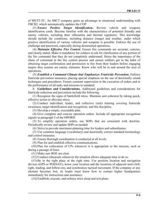 FM 3-21.11
F-3
of METT-TC. An SBCT company gains an advantage in situational understanding with
FBCB2, which automatically updates the COP.
(3) Ensure Positive Target Identification. Review vehicle and weapons
identification cards. Become familiar with the characteristics of potential friendly and
enemy vehicles, including their silhouettes and thermal signatures. This knowledge
should include the conditions, including distance (range) and weather, under which
positive identification of various vehicles and weapons is possible. Enforce the use of
challenge and password, especially during dismounted operations.
(4) Maintain Effective Fire Control. Ensure fire commands are accurate, concise,
and clearly stated. Make it mandatory for soldiers to ask for clarification of any portion of
the fire command that they do not completely understand. Stress the importance of the
chain of command in the fire control process and ensure soldiers get in the habit of
obtaining target confirmation and permission to fire from their leaders before engaging
targets they assume are enemy elements. Know who will be in and around the area of
operations.
(5) Establish a Command Climate that Emphasizes Fratricide Prevention. Enforce
fratricide prevention measures, placing special emphasis on the use of doctrinally sound
techniques and procedures. Ensure constant supervision in the execution of orders and in
the performance of all tasks and missions to standard.
b. Guidelines and Considerations. Additional guidelines and considerations for
fratricide reduction and prevention include the following.
(1) Recognize the signs of battlefield stress. Maintain unit cohesion by taking quick,
effective action to alleviate stress.
(2) Conduct individual, leader, and collective (unit) training covering fratricide
awareness, target identification and recognition, and fire discipline.
(3) Develop a simple, executable plan.
(4) Give complete and concise operation orders. Include all appropriate recognition
signals in paragraph 5 of the OPORD.
(5) To simplify operation orders, use SOPs that are consistent with doctrine.
Periodically review and update SOPs as needed.
(6) Strive to provide maximum planning time for leaders and subordinates.
(7) Use common language (vocabulary) and doctrinally correct standard terminology
and control measures.
(8) Ensure thorough coordination is conducted at all levels.
(9) Plan for and establish effective communications.
(10) Plan for collocation of CPs whenever it is appropriate to the mission, such as
during a passage of lines.
(11) Make sure ROE are clear.
(12) Conduct rehearsals whenever the situation allows adequate time to do so.
(13) Be in the right place at the right time. Use position location and navigation
devices (GPS or POSNAV), know your location and the locations of adjacent units (left,
right, leading, and follow-on), and synchronize tactical movement. If the company or any
element becomes lost, its leader must know how to contact higher headquarters
immediately for instructions and assistance.
(14) Establish, execute, and enforce strict sleep and rest plans.
 
