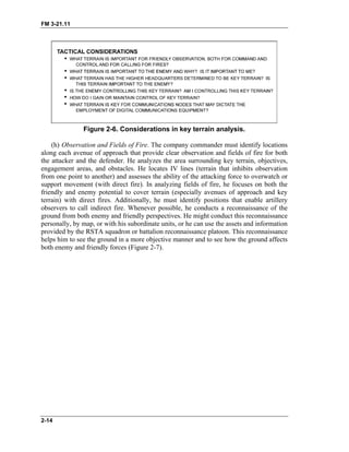 FM 3-21.11
Figure 2-6. Considerations in key terrain analysis.
(h) Observation and Fields of Fire. The company commander must identify locations
along each avenue of approach that provide clear observation and fields of fire for both
the attacker and the defender. He analyzes the area surrounding key terrain, objectives,
engagement areas, and obstacles. He locates IV lines (terrain that inhibits observation
from one point to another) and assesses the ability of the attacking force to overwatch or
support movement (with direct fire). In analyzing fields of fire, he focuses on both the
friendly and enemy potential to cover terrain (especially avenues of approach and key
terrain) with direct fires. Additionally, he must identify positions that enable artillery
observers to call indirect fire. Whenever possible, he conducts a reconnaissance of the
ground from both enemy and friendly perspectives. He might conduct this reconnaissance
personally, by map, or with his subordinate units, or he can use the assets and information
provided by the RSTA squadron or battalion reconnaissance platoon. This reconnaissance
helps him to see the ground in a more objective manner and to see how the ground affects
both enemy and friendly forces (Figure 2-7).
2-14
 