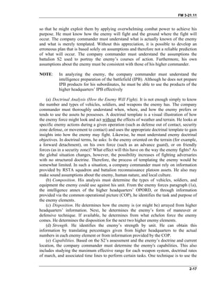FM 3-21.11
so that he might exploit them by applying overwhelming combat power to achieve his
purpose. He must know how the enemy will fight and the ground where the fight will
occur. The company commander must understand what is actually known of the enemy
and what is merely templated. Without this appreciation, it is possible to develop an
erroneous plan that is based solely on assumptions and therefore not a reliable prediction
of what will occur. The company commander must understand the assumptions the
battalion S2 used to portray the enemy’s courses of action. Furthermore, his own
assumptions about the enemy must be consistent with those of his higher commander.
NOTE: In analyzing the enemy, the company commander must understand the
intelligence preparation of the battlefield (IPB). Although he does not prepare
IPB products for his subordinates, he must be able to use the products of the
higher headquarters’ IPB effectively
(a) Doctrinal Analysis (How the Enemy Will Fight). It is not enough simply to know
the number and types of vehicles, soldiers, and weapons the enemy has. The company
commander must thoroughly understand when, where, and how the enemy prefers or
tends to use the assets he possesses. A doctrinal template is a visual illustration of how
the enemy force might look and act without the effects of weather and terrain. He looks at
specific enemy actions during a given operation (such as defense out of contact, security
zone defense, or movement to contact) and uses the appropriate doctrinal template to gain
insights into how the enemy may fight. Likewise, he must understand enemy doctrinal
objectives. In doctrinal terms, he asks: Is the enemy oriented on the terrain (for example,
a forward detachment), on his own force (such as an advance guard), or on friendly
forces (as in a security zone)? What effect will this have on the way the enemy fights? As
the global situation changes, however, the possibility increases of fighting adversaries
with no structured doctrine. Therefore, the process of templating the enemy would be
somewhat limited. In such a situation, a company commander must rely on information
provided by RSTA squadron and battalion reconnaissance platoon assets. He also may
make sound assumptions about the enemy, human nature, and local culture.
(b) Composition. His analysis must determine the types of vehicles, soldiers, and
equipment the enemy could use against his unit. From the enemy forces paragraph (1a),
the intelligence annex of the higher headquarters’ OPORD, or through information
provided via the common operational picture (COP), he identifies the task and purpose of
the enemy elements.
(c) Disposition. He determines how the enemy is (or might be) arrayed from higher
headquarters’ information. Next, he determines the enemy’s form of maneuver or
defensive technique. If available, he determines from what echelon force the enemy
comes. He determines the disposition for the next two higher enemy elements.
(d) Strength. He identifies the enemy’s strength by unit. He can obtain this
information by translating percentages given from higher headquarters to the actual
numbers in each enemy element or from information provided by the COP.
(e) Capabilities. Based on the S2’s assessment and the enemy’s doctrine and current
location, the company commander must determine the enemy's capabilities. This also
includes studying the maximum effective range for each weapon system, doctrinal rates
of march, and associated time lines to perform certain tasks. One technique is to use the
2-17
 