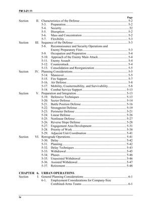 FM 3-21.11
Page
iv
Section II. Characteristics of the Defense............................................................. 5-2
5-3. Preparation............................................................................... 5-2
5-4. Security......................................................................................52
5-5. Disruption................................................................................ 5-2
5-6. Mass and Concentration.......................................................... 5-2
5-7. Flexibility ................................................................................ 5-3
Section III. Sequence of the Defense ..................................................................... 5-3
5-8. Reconnaissance and Security Operations and
Enemy Preparatory Fires......................................................... 5-3
5-9. Occupation and Preparation .................................................... 5-4
5-10. Approach of the Enemy Main Attack...................................... 5-4
5-11. Enemy Assault......................................................................... 5-4
5-12. Counterattack........................................................................... 5-4
5-13. Consolidation and Reorganization .......................................... 5-5
Section IV. Planning Considerations...................................................................... 5-5
5-14. Maneuver................................................................................. 5-5
5-15. Fire Support............................................................................. 5-7
5-16. Air Defense.............................................................................. 5-8
5-17. Mobility, Countermobility, and Survivability......................... 5-8
5-18. Combat Service Support........................................................ 5-13
Section V. Preparation and Integration ............................................................... 5-13
5-19. Defensive Techniques ........................................................... 5-13
5-20. Sector Defense....................................................................... 5-14
5-21. Battle Position Defense ......................................................... 5-16
5-22. Strongpoint Defense.............................................................. 5-19
5-23. Perimeter Defense ................................................................. 5-21
5-24. Linear Defense ...................................................................... 5-26
5-25. Nonlinear Defense................................................................. 5-27
5-26. Reverse Slope Defense.......................................................... 5-28
5-27. Engagement Area Development............................................ 5-31
5-28. Priority of Work .................................................................... 5-38
5-29. Adjacent Unit Coordination .................................................. 5-41
Section VI. Retrograde Operations....................................................................... 5-41
5-30. Delay ..................................................................................... 5-42
5-31. Planning................................................................................. 5-42
5-32. Delay Techniques.................................................................. 5-43
5-33. Withdrawal ............................................................................ 5-45
5-34. Phases .................................................................................... 5-46
5-35. Unassisted Withdrawal.......................................................... 5-46
5-36. Assisted Withdrawal.............................................................. 5-47
5-37. Retirement ............................................................................. 5-48
CHAPTER 6. URBAN OPERATIONS
Section I. General Planning Considerations ........................................................ 6-1
6-1. Employment Considerations for Company-Size
Combined-Arms Teams .......................................................... 6-1
 