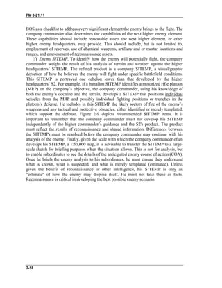 FM 3-21.11
BOS as a checklist to address every significant element the enemy brings to the fight. The
company commander also determines the capabilities of the next higher enemy element.
These capabilities should include reasonable assets the next higher element, or other
higher enemy headquarters, may provide. This should include, but is not limited to,
employment of reserves, use of chemical weapons, artillery and or mortar locations and
ranges, and employment of reconnaissance assets.
(f) Enemy SITEMP. To identify how the enemy will potentially fight, the company
commander weighs the result of his analysis of terrain and weather against the higher
headquarters’ SITEMP. The refined product is a company SITEMP, a visual/graphic
depiction of how he believes the enemy will fight under specific battlefield conditions.
This SITEMP is portrayed one echelon lower than that developed by the higher
headquarters’ S2. For example, if a battalion SITEMP identifies a motorized rifle platoon
(MRP) on the company’s objective, the company commander, using his knowledge of
both the enemy’s doctrine and the terrain, develops a SITEMP that positions individual
vehicles from the MRP and possibly individual fighting positions or trenches in the
platoon’s defense. He includes in this SITEMP the likely sectors of fire of the enemy’s
weapons and any tactical and protective obstacles, either identified or merely templated,
which support the defense. Figure 2-9 depicts recommended SITEMP items. It is
important to remember that the company commander must not develop his SITEMP
independently of the higher commander’s guidance and the S2's product. The product
must reflect the results of reconnaissance and shared information. Differences between
the SITEMPs must be resolved before the company commander may continue with his
analysis of the enemy. Finally, given the scale with which the company commander often
develops his SITEMP, a 1:50,000 map, it is advisable to transfer the SITEMP to a large-
scale sketch for briefing purposes when the situation allows. This is not for analysis, but
to enable subordinates to see the details of the anticipated enemy course of action (COA).
Once he briefs the enemy analysis to his subordinates, he must ensure they understand
what is known, what is suspected, and what is merely templated (estimated). Unless
given the benefit of reconnaissance or other intelligence, his SITEMP is only an
"estimate" of how the enemy may dispose itself. He must not take these as facts.
Reconnaissance is critical in developing the best possible enemy scenario.
2-18
 