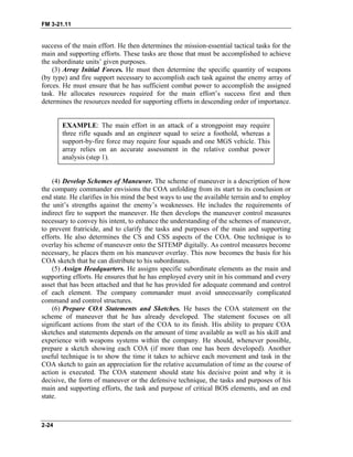 FM 3-21.11
success of the main effort. He then determines the mission-essential tactical tasks for the
main and supporting efforts. These tasks are those that must be accomplished to achieve
the subordinate units’ given purposes.
(3) Array Initial Forces. He must then determine the specific quantity of weapons
(by type) and fire support necessary to accomplish each task against the enemy array of
forces. He must ensure that he has sufficient combat power to accomplish the assigned
task. He allocates resources required for the main effort’s success first and then
determines the resources needed for supporting efforts in descending order of importance.
EXAMPLE: The main effort in an attack of a strongpoint may require
three rifle squads and an engineer squad to seize a foothold, whereas a
support-by-fire force may require four squads and one MGS vehicle. This
array relies on an accurate assessment in the relative combat power
analysis (step 1).
(4) Develop Schemes of Maneuver. The scheme of maneuver is a description of how
the company commander envisions the COA unfolding from its start to its conclusion or
end state. He clarifies in his mind the best ways to use the available terrain and to employ
the unit’s strengths against the enemy’s weaknesses. He includes the requirements of
indirect fire to support the maneuver. He then develops the maneuver control measures
necessary to convey his intent, to enhance the understanding of the schemes of maneuver,
to prevent fratricide, and to clarify the tasks and purposes of the main and supporting
efforts. He also determines the CS and CSS aspects of the COA. One technique is to
overlay his scheme of maneuver onto the SITEMP digitally. As control measures become
necessary, he places them on his maneuver overlay. This now becomes the basis for his
COA sketch that he can distribute to his subordinates.
(5) Assign Headquarters. He assigns specific subordinate elements as the main and
supporting efforts. He ensures that he has employed every unit in his command and every
asset that has been attached and that he has provided for adequate command and control
of each element. The company commander must avoid unnecessarily complicated
command and control structures.
(6) Prepare COA Statements and Sketches. He bases the COA statement on the
scheme of maneuver that he has already developed. The statement focuses on all
significant actions from the start of the COA to its finish. His ability to prepare COA
sketches and statements depends on the amount of time available as well as his skill and
experience with weapons systems within the company. He should, whenever possible,
prepare a sketch showing each COA (if more than one has been developed). Another
useful technique is to show the time it takes to achieve each movement and task in the
COA sketch to gain an appreciation for the relative accumulation of time as the course of
action is executed. The COA statement should state his decisive point and why it is
decisive, the form of maneuver or the defensive technique, the tasks and purposes of his
main and supporting efforts, the task and purpose of critical BOS elements, and an end
state.
2-24
 