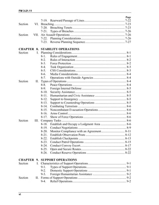 FM 3-21.11
Page
vi
7-19. Rearward Passage of Lines.................................................... 7-22
Section VI. Breaching........................................................................................... 7-23
7-20. Breaching Tenets................................................................... 7-23
7-21. Types of Breaches ................................................................. 7-26
Section VII. Air Assault Operations ...................................................................... 7-26
7-22. Planning Considerations........................................................ 7-26
7-23. Reverse Planning Sequence................................................... 7-27
CHAPTER 8. STABILITY OPERATIONS
Section I. Planning Considerations...................................................................... 8-1
8-1. Rules of Engagement............................................................... 8-1
8-2. Rules of Interaction ................................................................. 8-2
8-3. Force Protection ...................................................................... 8-2
8-4. Task Organization ................................................................... 8-3
8-5. CSS Considerations................................................................. 8-3
8-6. Media Considerations.............................................................. 8-4
8-7. Operations with Outside Agencies.......................................... 8-4
Section II. Types of Operations ............................................................................ 8-4
8-8. Peace Operations ..................................................................... 8-4
8-9. Foreign Internal Defense......................................................... 8-5
8-10. Security Assistance.................................................................. 8-5
8-11. Humanitarian and Civic Assistance ........................................ 8-5
8-12. Support to Insurgency ............................................................. 8-5
8-13. Support to Counterdrug Operations ........................................ 8-5
8-14. Combating Terrorism .............................................................. 8-6
8-15. Noncombatant Evacuation Operations.................................... 8-6
8-16. Arms Control........................................................................... 8-6
8-17. Show of Force Operations....................................................... 8-6
Section III. Company Tasks ................................................................................... 8-6
8-18. Establish and Occupy a Lodgment Area ................................. 8-6
8-19. Conduct Negotiations.............................................................. 8-9
8-20. Monitor Compliance with an Agreement.............................. 8-11
8-21. Establish Observation Posts .................................................. 8-12
8-22. Establish Checkpoints ........................................................... 8-13
8-23. Conduct Patrol Operations .................................................... 8-15
8-24. Conduct Convoy Escort......................................................... 8-17
8-25. Open and Secure Routes........................................................ 8-22
8-26. Conduct Reserve Operations................................................. 8-22
CHAPTER 9. SUPPORT OPERATIONS
Section I. Characteristics of Support Operations................................................. 9-1
9-1. Types of Support Operations................................................... 9-1
9-2. Domestic Support Operations ................................................. 9-1
9-3. Foreign Humanitarian Assistance ........................................... 9-2
Section II. Forms of Support Operations .............................................................. 9-2
9-4. Relief Operations..................................................................... 9-2
 