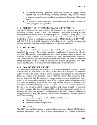 FM 3-21.11
•
•
To support breaching operations. Fires can obscure or suppress enemy
elements that are overwatching reinforcing obstacles. They can also obscure
or suppress enemy forces on an objective area during the conduct of an assault
breach.
To illuminate enemy positions. Illumination fires are always included in
contingency plans for night attacks.
4-12. MOBILITY, COUNTERMOBILITY, AND SURVIVABILITY
The SBCT battalion may task-organize the company with engineers as part of a
breaching operation in the offense. The company commander normally receives
additional mobility assets, such as an engineer platoon. If attached to heavy forces, it can
also receive equipment suited for mounted mobility, such as mine clearing line charges
(MICLICs), or armored combat earthmovers, based on METT-TC. Refer to FM 90-13-1
and FM 90-7 for a detailed discussion of mobility and survivability operations and
support, and FM 3-34.2 for a detailed discussion of breaching operations.
4-13. AIR DEFENSE
Avengers or mounted Stinger sections may be attached, with organic vehicle support, to
travel with the company. Their security must be a consideration in planning for offensive
operations. The company commander must plan for and rehearse internal air security and
active air defense measures. SOP normally dictates ADA requirements and procedures.
The commander must anticipate possible contact with enemy air assets by templating
enemy helicopter and fixed-wing air corridors and avenues of approach. Unit SOPs
should dictate internal air security measures and active air defense measures.
4-14. COMBAT SERVICE SUPPORT
The main purpose of combat service support in the offense is to assist maneuver elements
in maintaining the momentum of the attack. In the offense, CSS functions are performed
as far forward as the tactical situation allows. Company trains remain one terrain feature
behind the location of the company vehicles when the company has dismounted and is
moving forward on foot. The commander must consider the enemy situation and how it
relates to the security of the company trains. If the company is conducting decentralized
operations, the company trains locate where they can best support the platoons in the
accomplishment of the company's mission. The ICVs and medical evacuation team move
forward to the objective area to evacuate casualties and conduct resupply. If necessary,
the supply sergeant also can move forward to assist with sustainment operations. The
company CP reports the company's combat status to the SBCT battalion and requests
resupply as needed. Key CSS planning considerations for company offensive operations
include the following:
• Increased consumption of Class III, V and VIII supplies.
• Higher casualty rates.
• Vehicle maintenance requirements.
4-15. AVIATION
The SBCT does not have organic or assigned helicopter support, but the SBCT infantry
company commander must have a good understanding of aviation employment
4-11
 