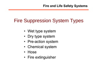 Fire Suppression System Types Wet type system Dry type system Pre-action system Chemical system Hose Fire extinguisher Fire and Life Safety Systems 