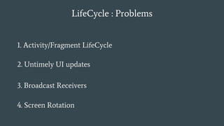LifeCycle : Problems
2. Untimely UI updates
1. Activity/Fragment LifeCycle
4. Screen Rotation
3. Broadcast Receivers
 