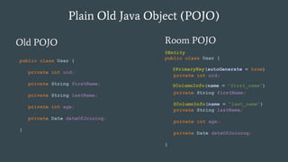 Plain Old Java Object (POJO)
Old POJO Room POJO
public class User {
private int uid;
private String firstName;
private String lastName;
private int age;
private Date dateOfJoining;
}
public class User {
private int uid;
private String firstName;
private String lastName;
private int age;
private Date dateOfJoining;
}
@PrimaryKey(autoGenerate = true)
@ColumnInfo(name = "first_name")
@Entity
@ColumnInfo(name = "last_name")
 