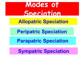 Modes of
Speciation
Allopatric Speciation
Peripatric Speciation
Parapatric Speciation
Sympatric Speciation
 