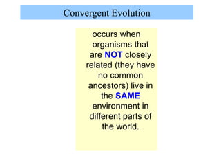 occurs when
organisms that
are NOT closely
related (they have
no common
ancestors) live in
the SAME
environment in
different parts of
the world.
Convergent Evolution
 