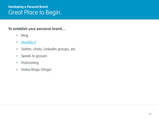 26
To establish your personal brand…
•  Blog
•  Meddle.It
•  Twitter, chats, LinkedIn groups, etc.
•  Speak to groups
•  P...