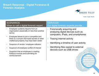 48
Breach Response - Digital Forensics &
Forensic Analysis
SCENARIOS
When to call a digital forensic expert…
SERVICES
Our digital forensic experts provide…
• Employee suddenly departs from an
organization (especially on less than positive
terms)
• Employee leaves to join a competitor and
there is a concern that trade secrets or other
intellectual property may have been stolen
• Suspicion of vendor / employee collusion
• Suspicion of employee conflict of interest
• Suspicion that an employee is creating
fictitious invoices and submitting for
reimbursement
 Forensically acquiring and
analyzing digital devices such as
computers, iPads, and smartphones
 Tracing internet activity
 Identifying a timeline of user activity
 Identifying files copied to external
devices such as USB drives
 