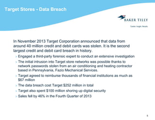 5
Target Stores - Data Breach
In November 2013 Target Corporation announced that data from
around 40 million credit and debit cards was stolen. It is the second
largest credit and debit card breach in history.
> Engaged a third-party forensic expert to conduct an extensive investigation
> The initial intrusion into Target store networks was possible thanks to
network passwords stolen from an air conditioning and heating contractor
based in Pennsylvania, Fazio Mechanical Services.
> Target agreed to reimburse thousands of financial institutions as much as
$67 million
> The data breach cost Target $252 million in total
> Target also spent $100 million shoring up digital security
> Sales fell by 46% in the Fourth Quarter of 2013
 