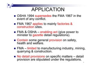 APPLICATION 
„ OSHA 1994 supersedes the FMA 1967 in the 
event of any conflict. 
„ FMA 1967 applies to mainly factories & 
construction sites. 
„ FMA & OSHA – enabling act (give power to 
minister to gazette detail regulations). 
„ Contain some general provision on safety, 
health and welfare. 
„ FMA – limited to manufacturing industry, mining, 
quarrying & construction. 
„„ No detail provisions on specific matters – detail 
provision are stipulated under the regulations. 
6 
 