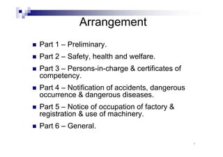 Arrangement 
„ Part 1 – Preliminary. 
„ Part 2 – Safety, health and welfare. 
„ Part 3 – Persons-in-charge & certificates of 
competency. 
„ Part 4 – Notification of accidents, dangerous 
occurrence & dangerous diseases. 
„ Part 5 – Notice of occupation of factory & 
registration & use of machinery. 
„ Part 6 – General. 
7 
 
