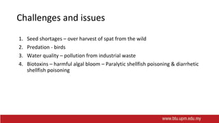 Challenges and issues
1. Seed shortages – over harvest of spat from the wild
2. Predation - birds
3. Water quality – pollution from industrial waste
4. Biotoxins – harmful algal bloom – Paralytic shellfish poisoning & diarrhetic
shellfish poisoning
 