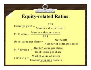 Equity-related Ratios
                                EPS
Earnings yield 
                  M arket value per share
              M arket value per share
P / E ratio =
                          EPS
                                      Net
                                      N t worth
                                             th
Book value per share 
                             Number of ordinary shares
                M arket value per share
M B value 
                 Book value per share
               M ar ket value of assets
T bi ' s q 
Tobin
              Economic value of assets
                       narain@fms.edu
 