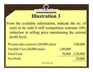 Illustration 3
From th available i f
F     the       il bl information, i di t th no. of
                              ti   indicate the     f
  units to be sold if stiff competition warrants 10%
  reduction i selling price maintaining th current
    d ti in lli            i     i t i i the        t
  profit level.
Present sales turnover (30,000 units)               3,00,000
Variable Cost (30,000 units)
               (30 000                     1,80,000
                                           1 80 000
Fixed Cost                                   70,000 2,50,000
Net Profit                                            50,000
                                                      50 000
                          narain@fms.edu
 