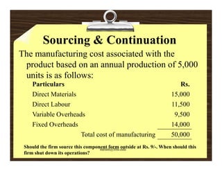 Sourcing & Continuation
The manufacturing cost associated with the
 product based on an annual production of 5,000
 units is as follows:
    Particulars                                                        Rs.
    Direct Materials                                                15,000
    Direct Labour                                                   11,500
    Variable Overheads                                               9,500
    Fixed Overheads                                                 14,000
                     Total cost of manufacturing                    50,000
 Should the firm source this component form outside at Rs. 9/-. When should this
                                   narain@fms.edu
 firm shut down its operations?
 