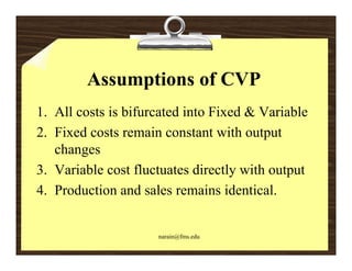 Assumptions of CVP
1. All costs is bifurcated into Fixed & Variable
2. Fixed costs remain constant with output
   changes
3. Variable cost fluctuates directly with output
4. Production d l
4 P d ti and sales remains identical.
                               i id ti l


                     narain@fms.edu
 