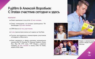 Fujifilm & Алексей Воробьев:
С Instax счастлив сегодня и здесь
2. PRODUCT PLACEMENT:
Сюжет музыкального клипа “Счастлив сегодня и здесь”
- история влюбленной пары - иллюстрирует послание
бренда. В новом видео сыграла свою роль и камера
Instax mini 70: показано как эмоциональное, так и
функциональное преимущество Instax.
3. ПРЕЗЕНТАЦИЯ КЛИПА В SHAKTI TERRACE:
На презентации клипа «Счастлив сегодня и здесь» в
кругу звездных друзей и прессы Алексей Воробьев
разыграл 3 камеры Instax mini 70. Была организована
бренд-зона Instax.
Смотреть видео
 