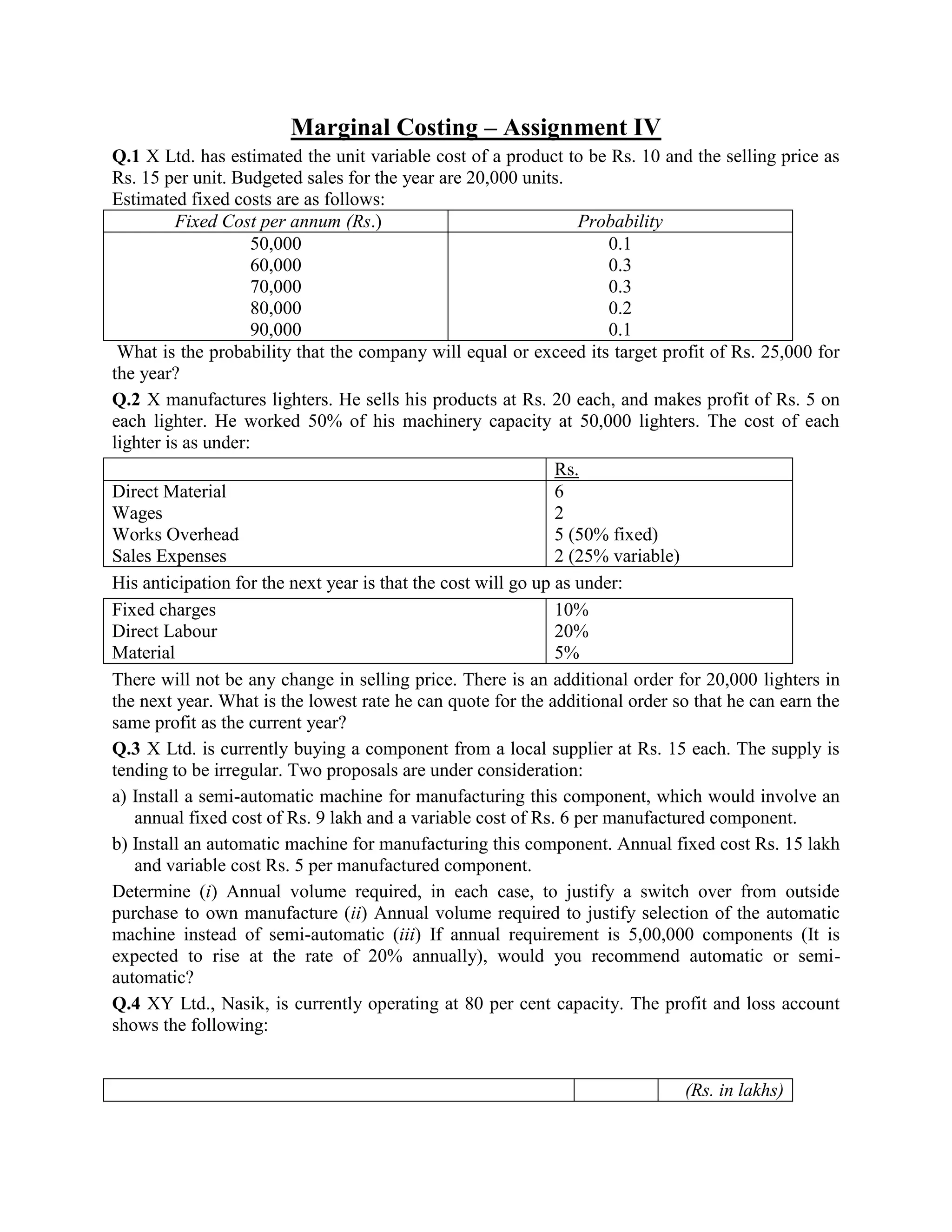 Marginal Costing – Assignment IV
Q.1 X Ltd. has estimated the unit variable cost of a product to be Rs. 10 and the selling price as
Rs. 15 per unit. Budgeted sales for the year are 20,000 units.
Estimated fixed costs are as follows:
          Fixed Cost per annum (Rs.)                              Probability
                    50,000                                            0.1
                    60,000                                            0.3
                    70,000                                            0.3
                    80,000                                            0.2
                    90,000                                            0.1
 What is the probability that the company will equal or exceed its target profit of Rs. 25,000 for
the year?
Q.2 X manufactures lighters. He sells his products at Rs. 20 each, and makes profit of Rs. 5 on
each lighter. He worked 50% of his machinery capacity at 50,000 lighters. The cost of each
lighter is as under:
                                                               Rs.
Direct Material                                                6
Wages                                                          2
Works Overhead                                                 5 (50% fixed)
Sales Expenses                                                 2 (25% variable)
His anticipation for the next year is that the cost will go up as under:
Fixed charges                                                  10%
Direct Labour                                                  20%
Material                                                       5%
There will not be any change in selling price. There is an additional order for 20,000 lighters in
the next year. What is the lowest rate he can quote for the additional order so that he can earn the
same profit as the current year?
Q.3 X Ltd. is currently buying a component from a local supplier at Rs. 15 each. The supply is
tending to be irregular. Two proposals are under consideration:
a) Install a semi-automatic machine for manufacturing this component, which would involve an
   annual fixed cost of Rs. 9 lakh and a variable cost of Rs. 6 per manufactured component.
b) Install an automatic machine for manufacturing this component. Annual fixed cost Rs. 15 lakh
   and variable cost Rs. 5 per manufactured component.
Determine (i) Annual volume required, in each case, to justify a switch over from outside
purchase to own manufacture (ii) Annual volume required to justify selection of the automatic
machine instead of semi-automatic (iii) If annual requirement is 5,00,000 components (It is
expected to rise at the rate of 20% annually), would you recommend automatic or semi-
automatic?
Q.4 XY Ltd., Nasik, is currently operating at 80 per cent capacity. The profit and loss account
shows the following:


                                                                              (Rs. in lakhs)
 