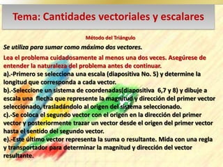 Tema: Cantidades vectoriales y escalares
Se utiliza para sumar como máximo dos vectores.
Método del Triángulo
Lea el problema cuidadosamente al menos una dos veces. Asegúrese de
entender la naturaleza del problema antes de continuar.
a).-Primero se selecciona una escala (diapositiva No. 5) y determine la
longitud que corresponda a cada vector.
b).-Seleccione un sistema de coordenadas(diapositiva 6,7 y 8) y dibuje a
escala una flecha que represente la magnitud y dirección del primer vector
seleccionado, trasladándolo al origen del sistema seleccionado.
c).-Se coloca el segundo vector con el origen en la dirección del primer
vector y posteriormente trazar un vector desde el origen del primer vector
hasta el sentido del segundo vector.
e).-Este último vector representa la suma o resultante. Mida con una regla
y transportador para determinar la magnitud y dirección del vector
resultante.
 