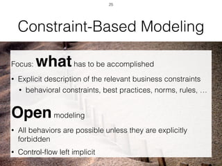 Constraint-Based Modeling
Focus: whathas to be accomplished
• Explicit description of the relevant business constraints
• behavioral constraints, best practices, norms, rules, …
Openmodeling
• All behaviors are possible unless they are explicitly
forbidden
• Control-ﬂow left implicit
25
 