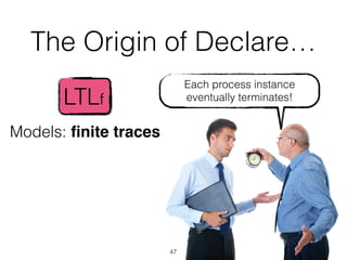 The Origin of Declare…
47
LTLf
Each process instance
eventually terminates!
Models: ﬁnite traces
 