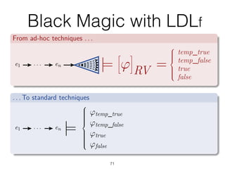Black Magic with LDLf
71
Runtime ldlf Monitors
Check partial trace ﬁ = e1, . . . , en against formula Ï.
From ad-hoc techniques . . .
e1 . . . en |=
C
Ï
D
RV =
Y
___]
___[
temp_true
temp_false
true
false
. . . To standard techniques
e1 . . . en |=
Y
______]
______[
Ïtemp_true
Ïtemp_false
Ïtrue
Ïfalse
Marco Montali (unibz) Monitoring Business Metaconstraints BPM 2014 14 / 26
 