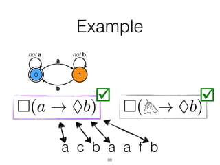 Example
88
00 1
a
b
not a not b
⇤(a ! ⌃b) ⇤(a ! ⌃b)
a c b a a f b
 