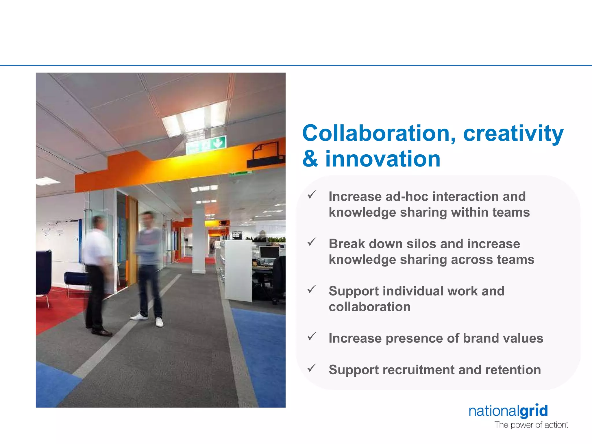Collaboration, creativity  & innovation   Increase ad-hoc interaction and knowledge sharing within teams Break down silos and increase knowledge sharing across teams Support individual work and collaboration Increase presence of brand values Support recruitment and retention 