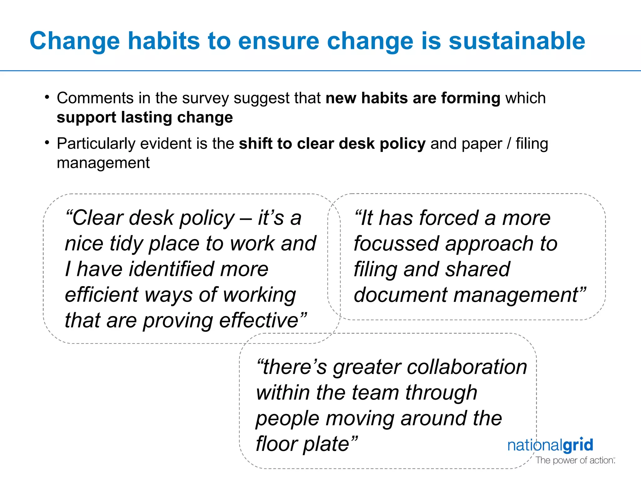 Change habits to ensure change is sustainable  “ there’s greater collaboration within the team through people moving around the floor plate” “ It has forced a more focussed approach to filing and shared document management” “ Clear desk policy – it’s a nice tidy place to work and I have identified more efficient ways of working that are proving effective” Comments in the survey suggest that  new habits are forming  which  support lasting change Particularly evident is the  shift to clear desk policy  and paper / filing management 