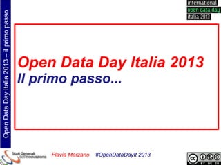 Open Data Day Italia 2013 – il primo passo




                                             Open Data Day Italia 2013
                                             Il primo passo...
                                             ss



                                                  Flavia Marzano   #OpenDataDayIt 2013
 