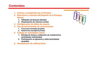 Contenidos

   1. Acceso y navegación por el Campus
   2. Estructura y recursos del Experto en el Campus
      Virtual:
       1. Utilidades de bloques laterales
       2. Organización de columna central
   3. Configuración de datos de usuario
   4. Uso de herramientas de comunicación
       1.   Foros para mensajes grupales
       2.   Sistema de mensajería privado
   5. Trabajo en actividades online:
       1. Entrega de tareas y realización de cuestionarios
          (actividades individuales)
       2. Participación en glosarios y wikis (actividades
          grupales)
   6. Visualización de calificaciones
 