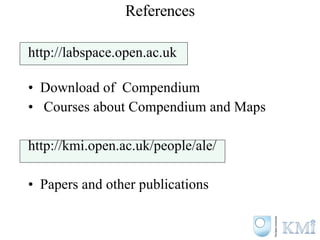References http://labspace.open.ac.uk  Download of  Compendium  Courses about Compendium and Maps http://kmi.open.ac.uk/people/ale/ Papers and other publications 
