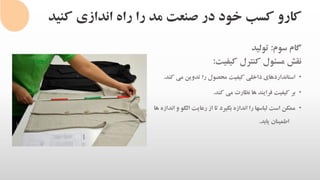 ‫کنی‬ ‫اندازی‬ ‫راه‬ ‫را‬ ‫مد‬ ‫صنعت‬ ‫در‬ ‫خود‬ ‫کسب‬ ‫کارو‬‫د‬
‫گام‬‫سوم‬:‫تولید‬
‫نقش‬‫مسئول‬‫کنترل‬‫کیفیت‬:
•‫استانداردهای‬‫داخلی‬‫کیفیت‬‫محصول‬‫را‬‫تدوین‬‫می‬‫کند‬.
•‫بر‬‫کیفیت‬‫فرایند‬‫ها‬‫نظارت‬‫می‬‫کند‬.
•‫ممکن‬‫است‬‫لباسها‬‫را‬‫اندازه‬‫بگیرد‬‫تا‬‫از‬‫رعایت‬‫الگو‬‫و‬‫اندازه‬‫ها‬
‫اطمینان‬‫یابد‬.
 