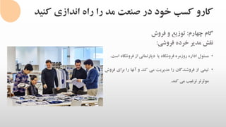 ‫کنی‬ ‫اندازی‬ ‫راه‬ ‫را‬ ‫مد‬ ‫صنعت‬ ‫در‬ ‫خود‬ ‫کسب‬ ‫کارو‬‫د‬
‫گام‬‫چهارم‬:‫توزیع‬‫و‬‫فروش‬
‫نقش‬‫مدیر‬‫خرده‬‫فروشی‬:
•‫مسئول‬‫اداره‬‫روزمره‬‫فروشگاه‬‫یا‬‫دپارتمانی‬‫از‬‫فروشگ‬‫اه‬‫است‬.
•‫تیمی‬‫از‬‫فروشندگان‬‫را‬‫مدیریت‬‫می‬‫کند‬‫و‬‫آنها‬‫را‬‫برای‬‫فروش‬
‫موثرتر‬‫ترغیب‬‫می‬‫کند‬.
 